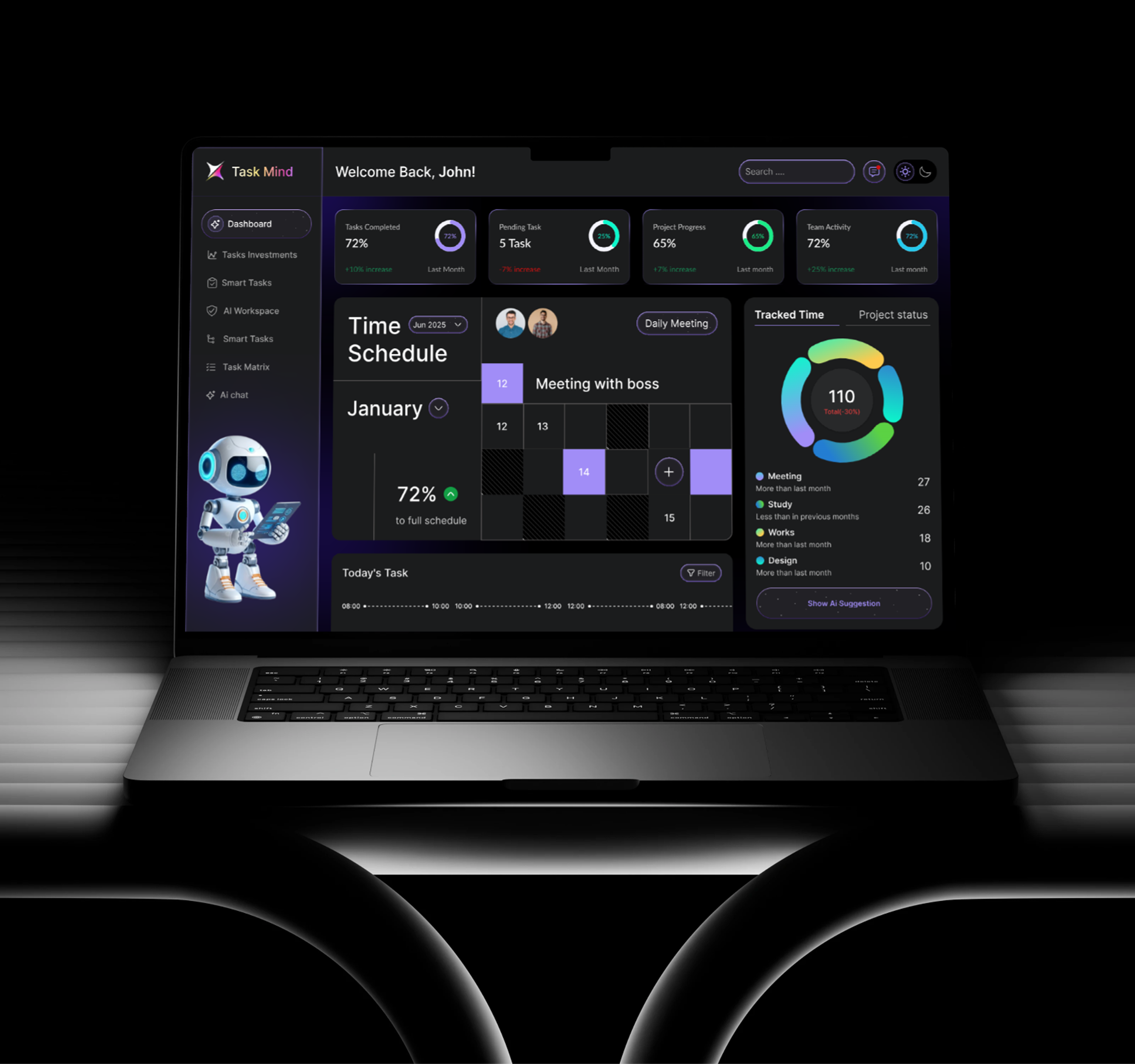 AI Task Management Dashboard Design ai dashboard ai task manager app dashboard clean ui dark dashboard dashboard design data visualization design inspiration design system interface design minimal design modern ui productivity app smart design task management team collaboration tech ui ui design ux design work flow design