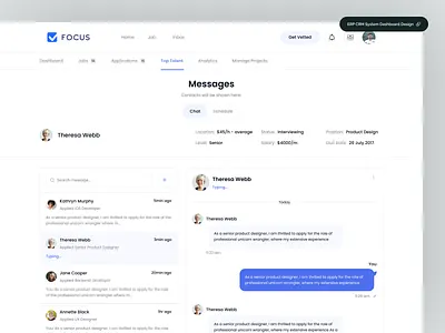 Job Recruiter Admin and Job Seekers Message Dashboard admin panel chatting connection conversation customer support dashboard design design erp dashboard hiring platform job details inbox interface design job job finder messages dashboard message dashboard messages messenger product design saas design web app web design