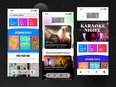 Event App Home – Light UI Variations 3d animation banner design booking app bottom navigation branding dark ui event app food app glassmorphism hero section home screen icons illustrations landing page ui light ui mobile ui sections sliding cards ticket booking app