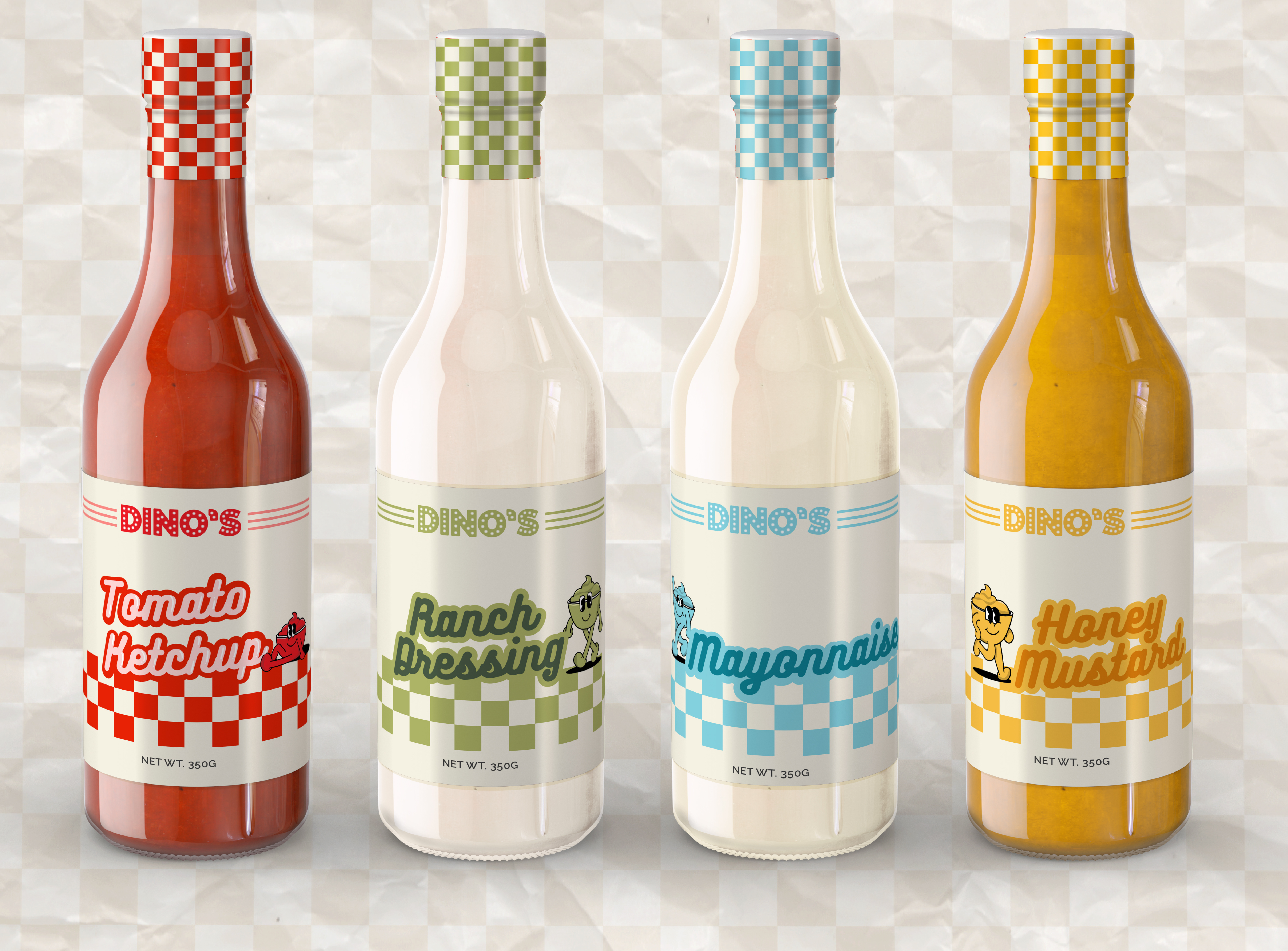 DINO'S CONDIMENTS | BRANDING & PACKAGING DESIGN branding character design colorful colorful packaging custom typography food packaging fun packaging hand drawn illustration logo design mascot packaging packaging design playful design retro sauce packaging vintage visual identity wordmark