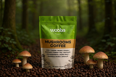 Mushroom Coffee Packaging branding coffee design graphic design illustration label design mushroom mushroom coffe packaging design pouch design pouch label product label design