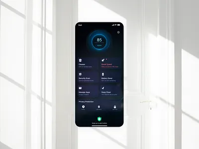 CleanX – Smart Cleaner, Security & Booster App Simple UI Design battery saver card cleaner app dark mode device optimizer glassmorphism illustration logo management app minimalism minimalist mobile app neumorphism phone booster privacy