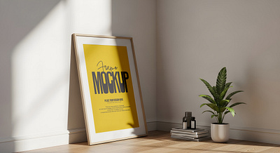 Minimal Poster Frame Mockup in Corner with Plant psd frame mockup