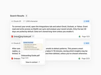 AI Chunks / Semantic Search ai chunks list results score search tooltip