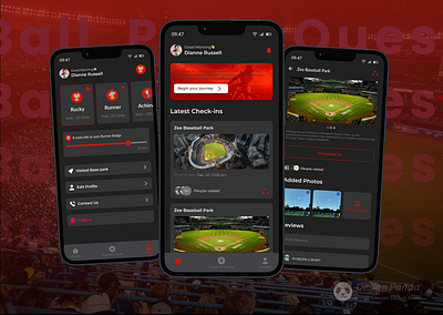 Ball Park Quest-Mobile App Design android app base ball app best branding creative design graphic design illustration ios mobile app prototyping ui user flows