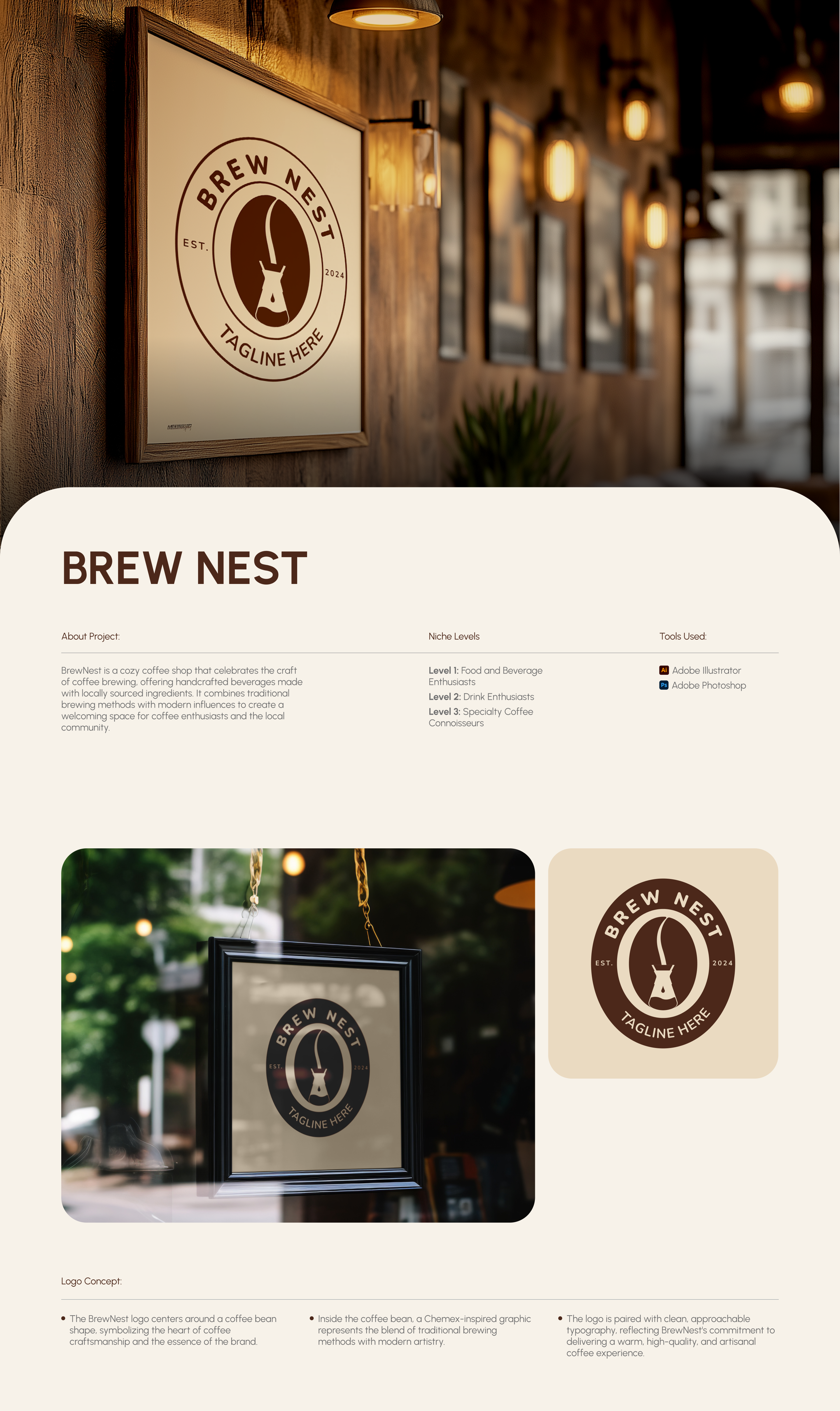 Brew Nest - Cafe Brand Identity Design artisan logo design branding case study cafe logo design coffee brand strategy coffee branding coffee packaging design coffee shop identity coffee visual identity cozy brand aesthetic custom logo design handcrafted logo local business branding logo design case study minimal logo design modern cafe branding organic brand identity small business design typography based logo visual identity system warm brand design