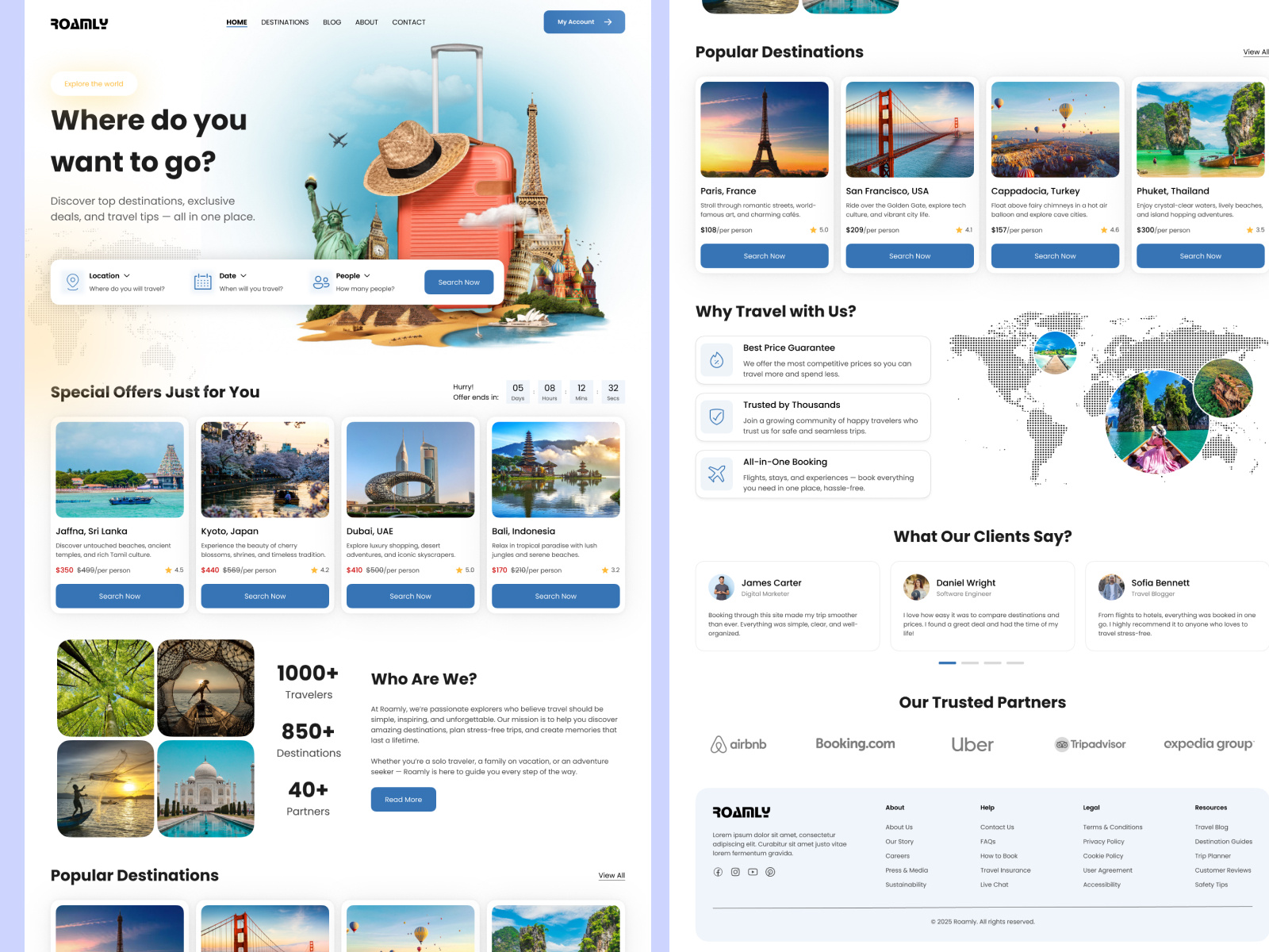 Travel Website Homepage UI about about us agency branding button card cards ecommerce figma footer graphic header hero homepage landing page testimonials travel uiux web design website