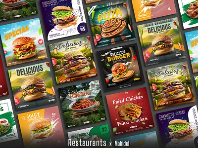 Social Media Posts for Restaurants burgerdesign creativebanner foodads foodbranding foodiedesign foodpromotion friedchicken mahiduldesigns pizzabanner restaurantdesign restaurantmarketing socialmediapost
