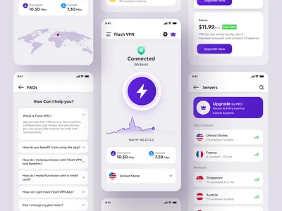 VPN App UI — Secure, Fast & User-Friendly appdesign cybersecurity darkmode dribbbleportfolio mobileapp privacyfirst uidesign uiux userinterface vpnapp vpnui