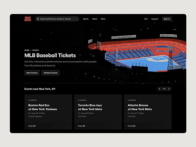 SeatGeek | MLB Baseball Tickets Page baseball tickets dark dark mode dark tone design landing page landing page concept search engine seat geek tickets sale typo typographic design typography ui user experience ux web page