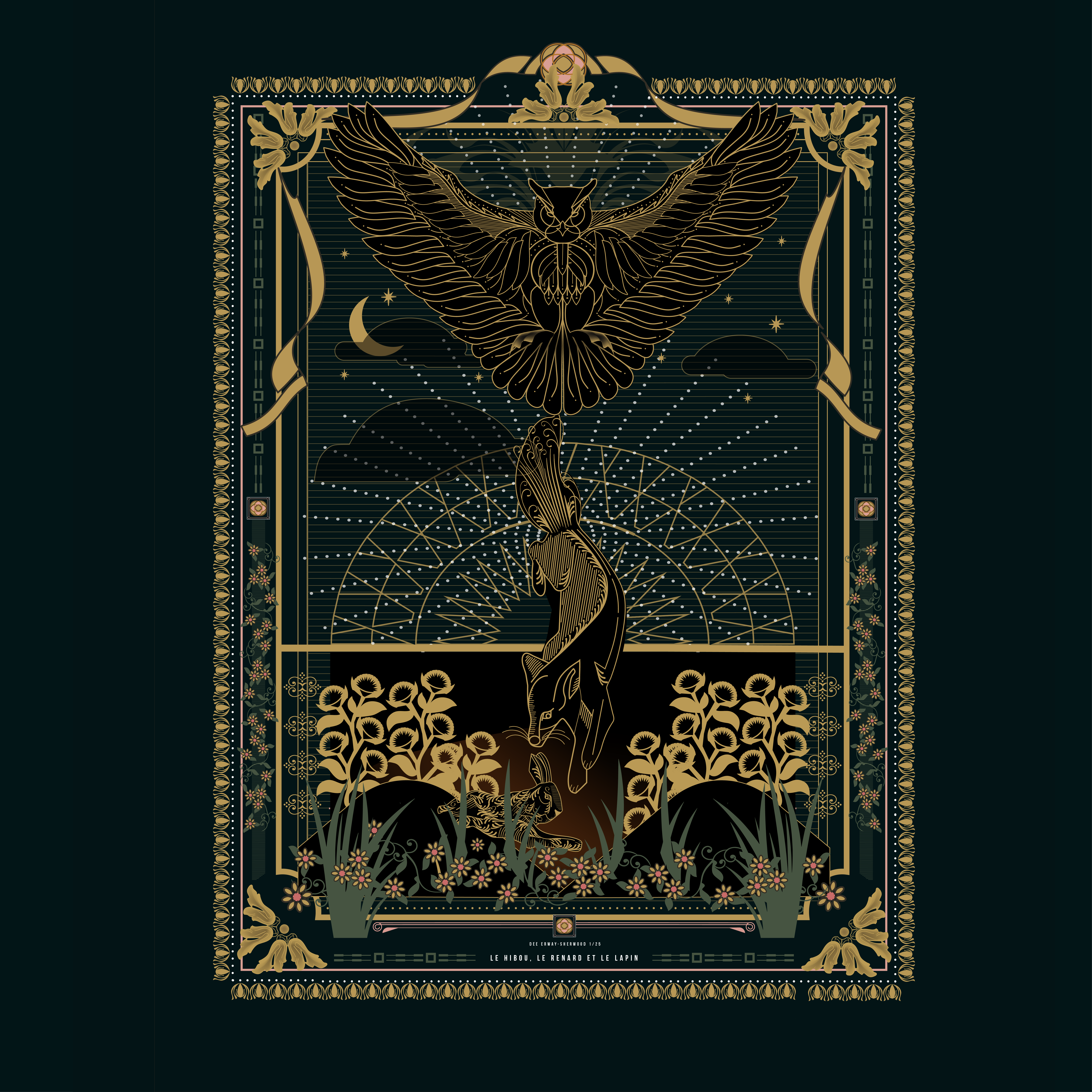 Le Hibou, Le Renard Et Le Lapin: The Owl, The Fox & The Rabbit animal dawn detail floral flower fox frame hunting illustration intertwine intricate kansas landscape lines mcpherson ornate owl rabbit ribbon