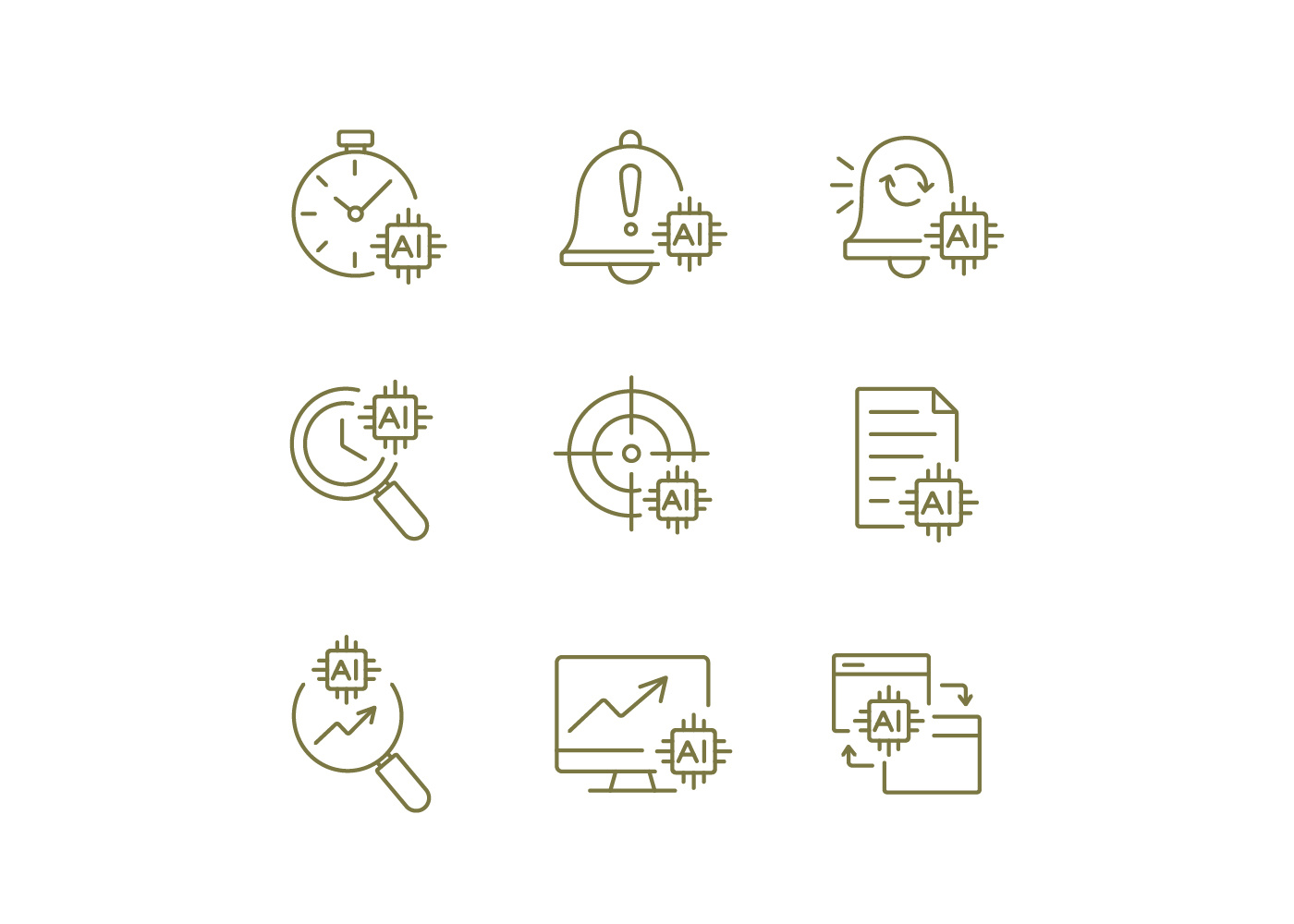 AI Productivity Line Icons - Task Management Set ai tools automation digital planner efficiency dashboard flat focus mode icon design icon set iconography icons line line icons productivity icons reminder smart calendar smart notifications task manager time management user interface