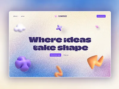 FlowSpace - 3D Hero Section with Gradient Mesh & Floating Elemen 3d 3d webdesign floating objects grain gradient hero landing page memphis style mesh gradient saas web design wep app