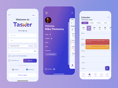 Tasker app - Personal Management (Mobile App) app app design branding case study colors design habbits identity logo management mobile personal phone task tasktracker ui uidesign uiux ux visual