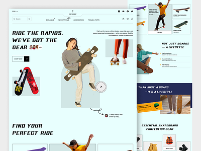 Skateboard & Gear Ecommerce Landing Page branding design design services e commerce fashion brand framer landing page landing page design outdoor brand product design shopify shopify store streetwear design swan design agency ui web design website design
