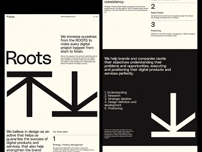 Roots Digital Studio - Website Concept dark mode dark tone design responsive design roots studio ui ui design user user experience user friendly user interface ux ux design web page web pages website layout