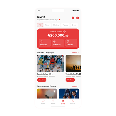 Donation App app christian app design donation faith app fintech fintech app mobile app ui uiux user interface ux ux design