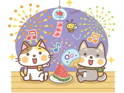 Cat & Dog - Fireworks adobeillustrator adobephotoshop animal calicocat cat character cute dog fireworks illustration illustrator kawaii pop shibadog summer watermelon