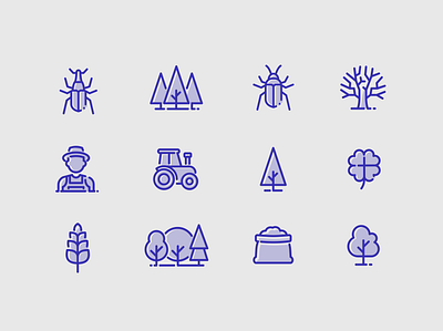 Icon set: Forestry and Agriculture beetle bug bugs crop crops dead tree farm farmer forest graphic design horizon europe iconography icons illustration precilience tractor tree trees weevil wheat