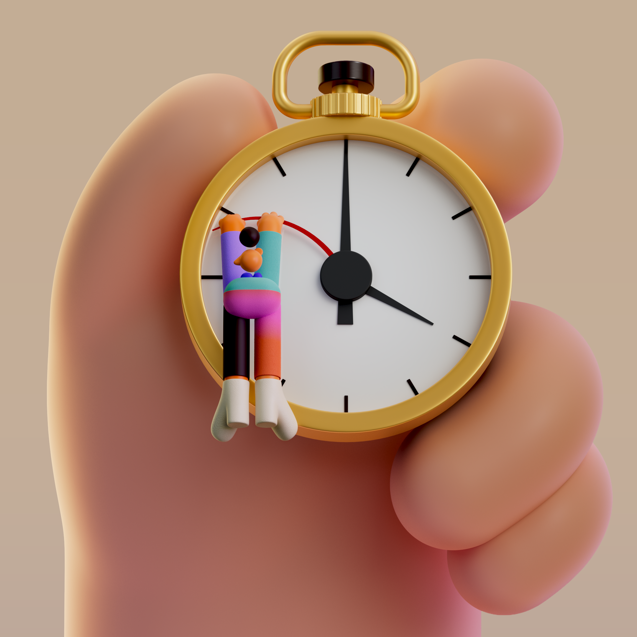 Time 3d blender character clock gold hand illustration pink redshift yellow
