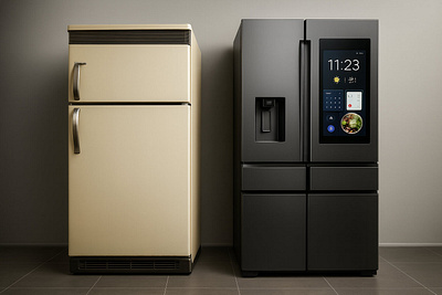 Repairs to Fridges: What We Lose and Gain with Smart Appliances 3d cartoon comparison fridge repair refrigerator repair service smart appliances smart fridge tech contrast tech evolution