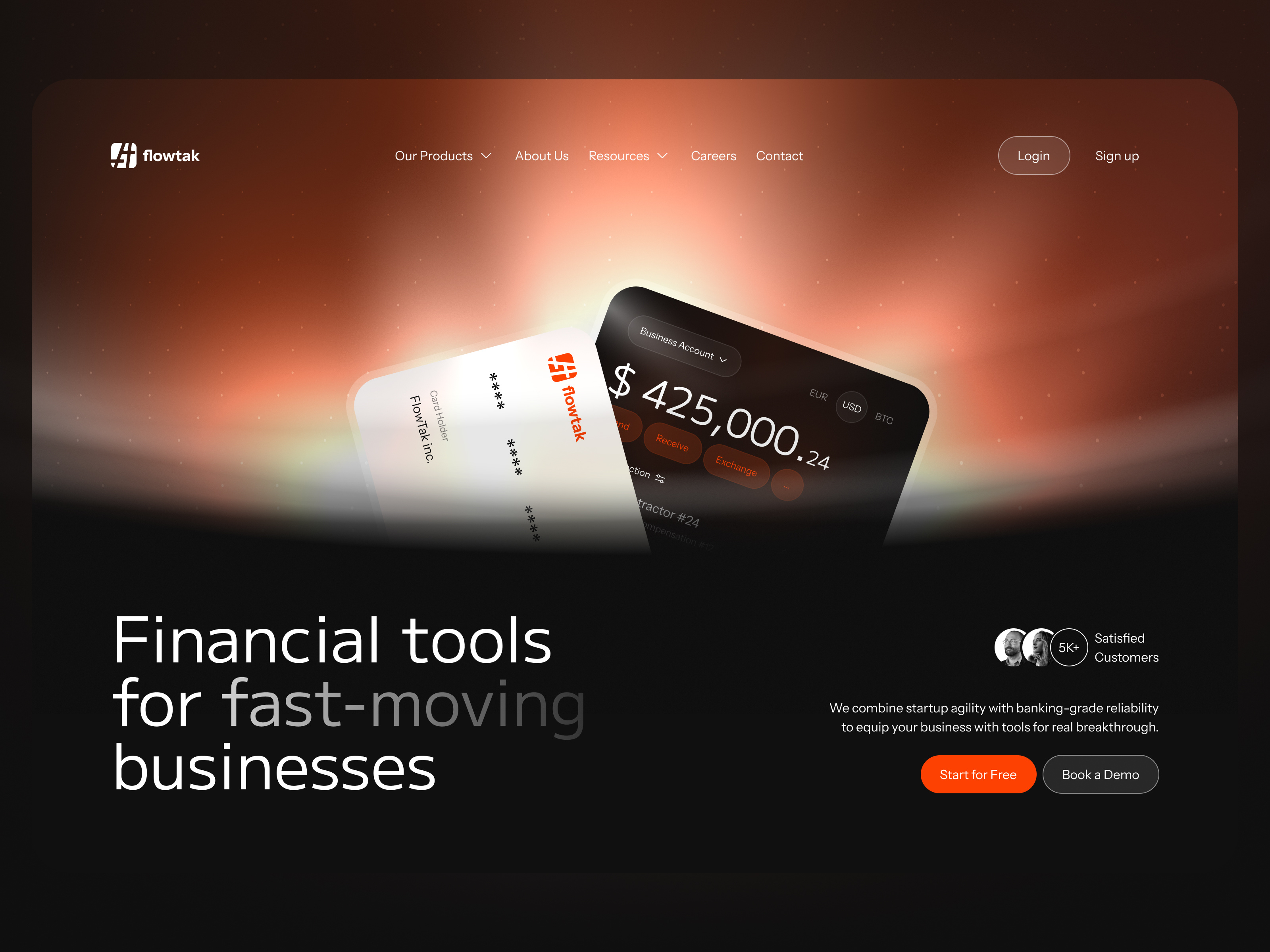 Flowtak – Future of Business Finance analitycs branding business finance fintech flow graphic design landing page payments services team tools ui