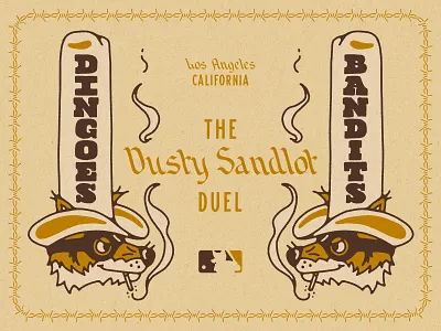 Dingoes vs Bandits bandits barbed wire baseball california cigarette cowboy hat cowgirl desert dingoes duel dusty gameday los angeles mlb poster poster art sandlot southwestern sports western