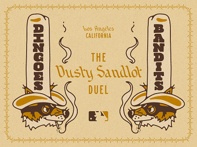 Dingoes vs Bandits bandits barbed wire baseball california cigarette cowboy hat cowgirl desert dingoes duel dusty gameday los angeles mlb poster poster art sandlot southwestern sports western