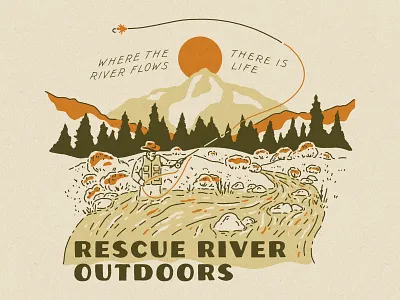 Rescue River Merch apparel cowboy cowboy hat cowgirl fish fisherman fishing flies fly fly fisherman fly fishing illustration lake landscape merch mountains outdoors river shirt western
