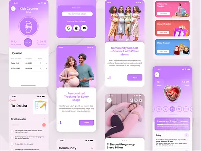 Pregnancy Tracker App Ui androidapp appui babytracker cleanui digitalhealth figmadesign healthappdesign healthcareapp iosapp maternityapp minimaldesign mobileux momlife pregnancyapp trackerapp userexperience uxdesign weeklybabyupdates