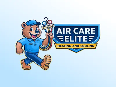 Air Care Elite bear brand cartoon character heating and cooling hvac illustration logo mascot vector art worker