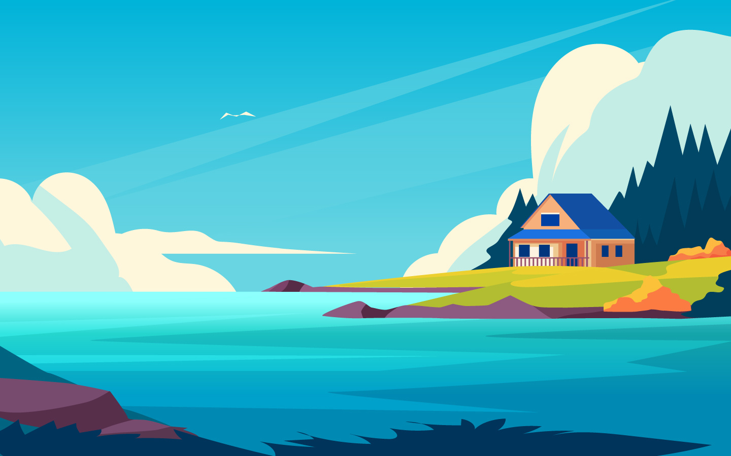 A lake house america clouds country county flat illustration green home house illustration lake lakes landscape location peace real estate river sky vector west