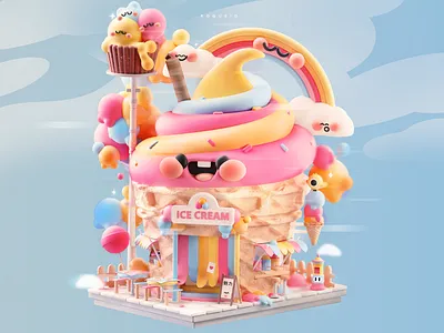 The Charming Ice Cream House 🍦✨ 3d 3d art branding candy character clouds color colors design ice cream illustration kawaii rainbow ui