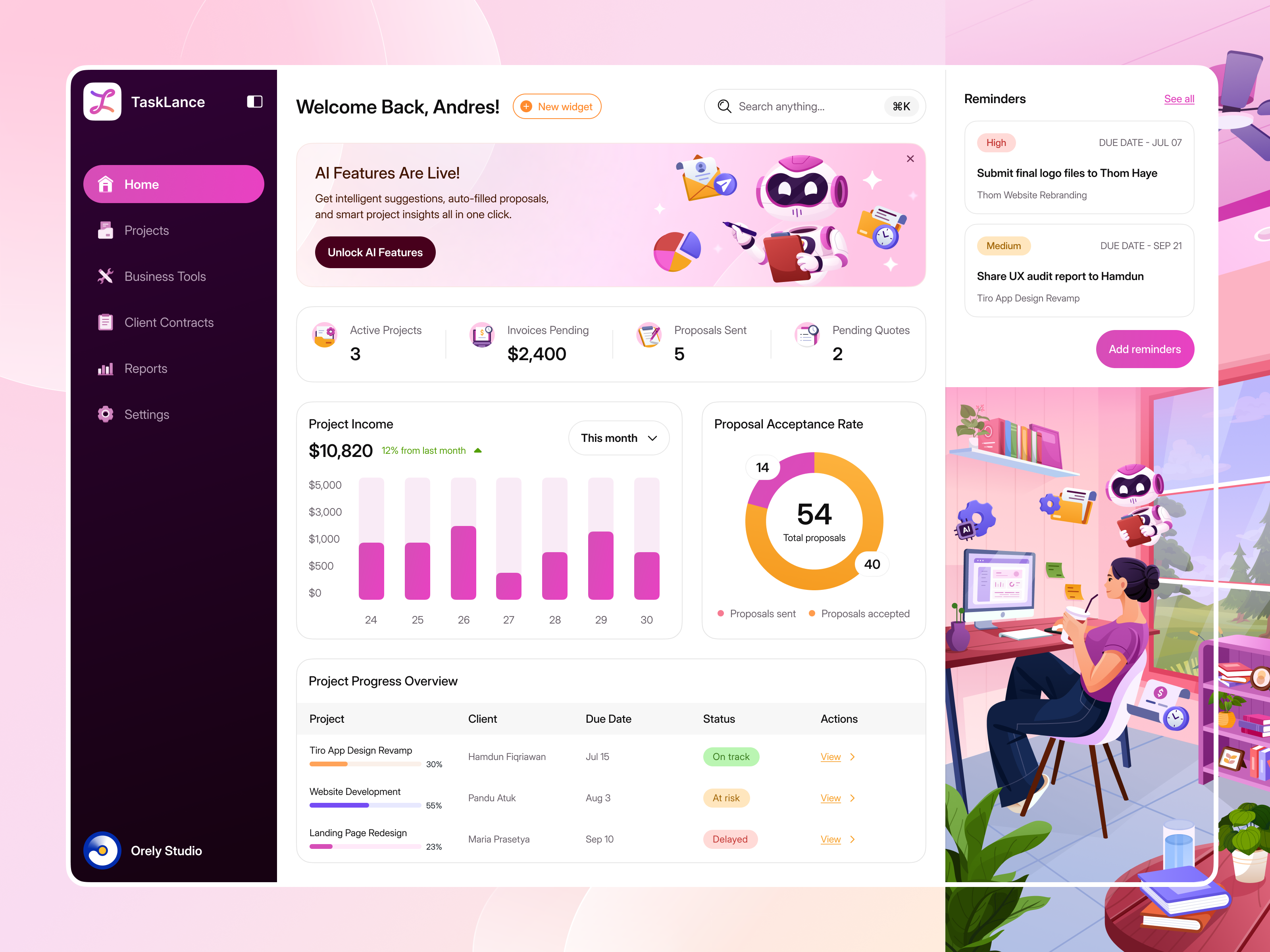TaskLance - Freelance Project Management Dashboard 🗂 business clean dashboard deliverables design finance freelance invoice management orely pink productivity project proposal quotation saas ui ux webapp