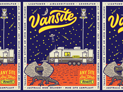 Vansite T-Shirt Illustration australia branding caravan cow desert design illustration lettering lizard logo logo design matt vergotis moon night sky outback owl spaceship stars t shirt verg