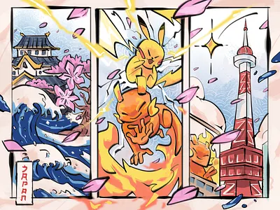 Nika Around The World - Vol.2 Japan 2d illustration colorful colorful illustration culture graphic design handrawn handrawn illustration illustration illustration design illustration scene japan mascot mascot design nika osaka pikachu pop culture scene tokyo tower vibrant