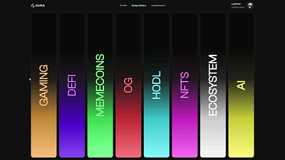 Badges Gallery aura badgegallery crypto darkmode defi figma gamification memecoin nft uidesign uiux web3