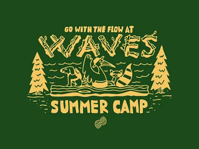 Waves Summer Camp beach bird branding camp dog florida illustration lettering log logo pelican raccoon summer tree type typography water wood