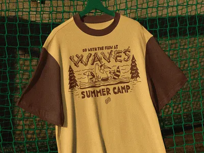 Waves Summer Camp beach bird branding camp dog florida illustration lettering log logo merch mockup pelican raccoon shirt summer tree type water wood