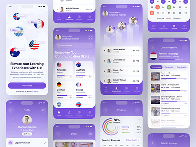 Language Learning Mobile App Design ai ai app ai feature ai language leaning ai learning al learning app app design e learning education education app language language learning leaderboard learning app mobile app online class online school popular design shahinurstk02 uiux design
