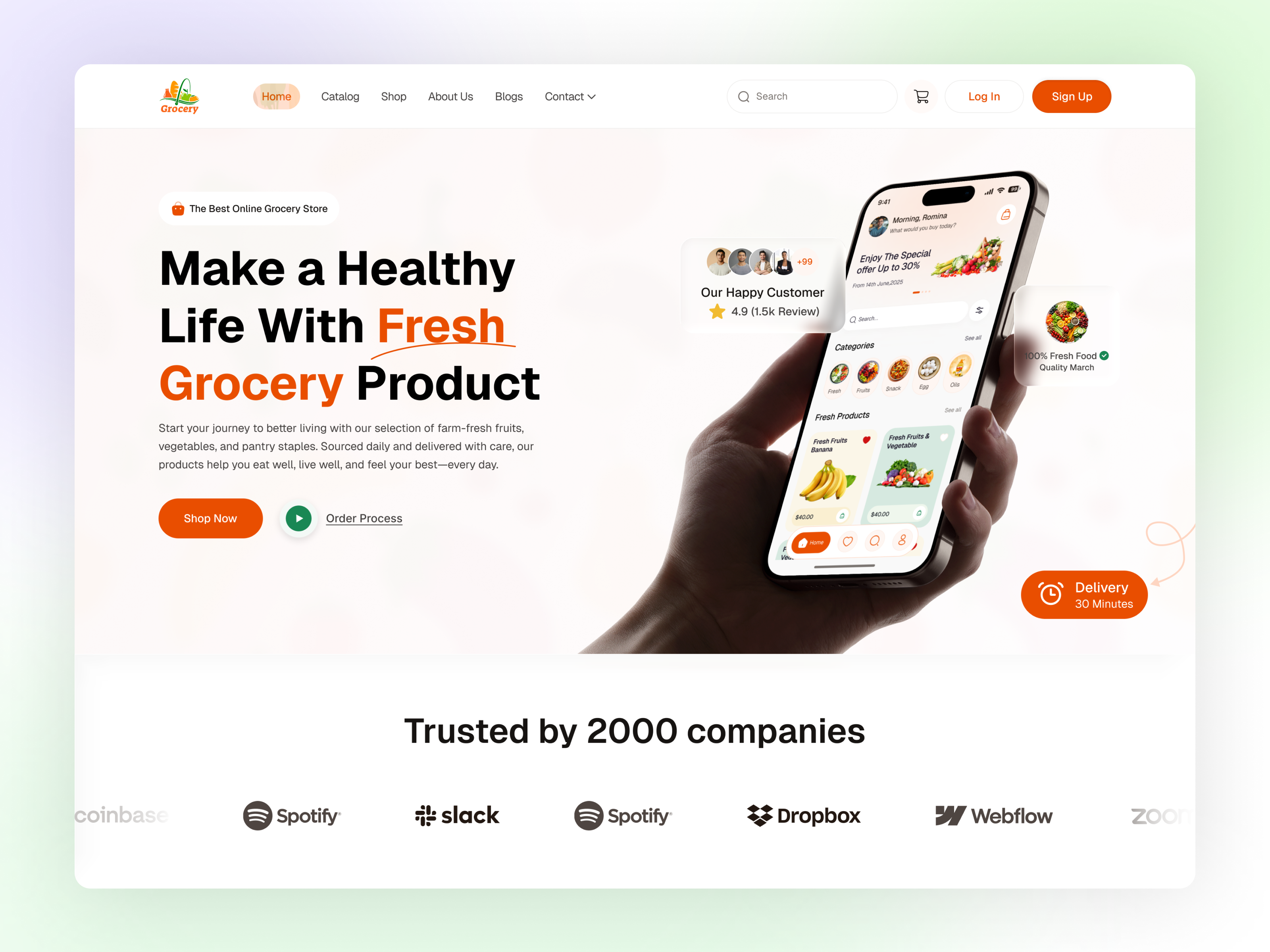 Grocery App Landing Page apphero appinterface cleanui deliveryapp figmadesign figmainspiration fooddelivery freshui groceryapp grocerydesign heroarea landingpage minimaldesign mobileappdesign modernui productdesign shoppingapp uidesign userinterface uxdesign