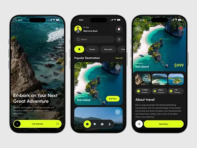 Travel mobile app android appdesign balitravel bookingapp card ui destination home screen ios mobile app mobile ui design mobiledesign responsive design search travel app ui ui design uiux