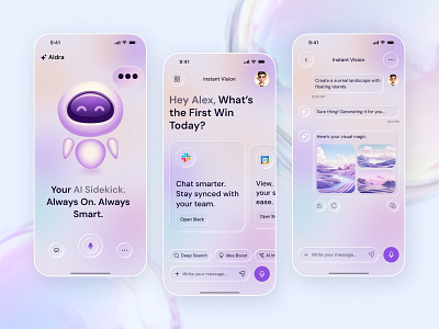 AI ChatBot App – Sleek Glassmorphism Interface ai ai bot ai chat ai chatbot app app app design artificial inteligent app automation bot chat app chatbot chatbot app chatting glassmorphism gradient mobile mobile app