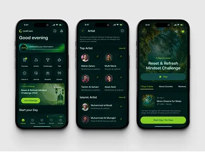 Leafcare Application Design ai to challenge app anxiety app burnout solve app course app for sleep problem health app interface design journal app leafcare app meditation app mental health app mind body care app mobile product design sleep problem app ui uigeek ux visual design health app wellnees platfrom app