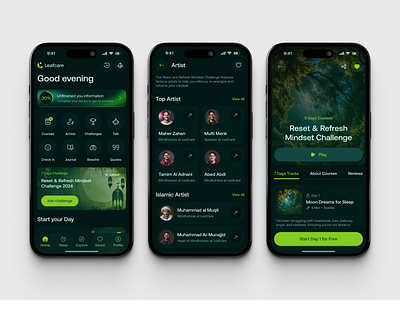 Leafcare Application Design ai to challenge app anxiety app burnout solve app course app for sleep problem health app interface design journal app leafcare app meditation app mental health app mind body care app mobile product design sleep problem app ui uigeek ux visual design health app wellnees platfrom app