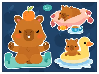 Cute cartoon capybara stickers adobe illustrator animal capybara cartoon character character design children cute design for kids illustration kawaii meditation meme pool swimming vector yoga
