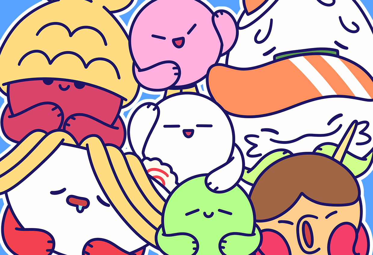 TABEMONO CLUB - Japanese Food Character animation branding cartoon cartoon character character design dango design graphic design illustration japan japanese japanese food logo logo mascot mascot onigiri ramen sushi takoyaki ui