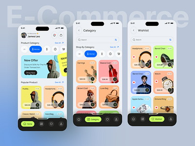E-Commerce Shopping Experience – Mobile UI Design cart page category ui clean ui dark mode ui dribbble shots ecommerce app fashion app minimal design mobile app design mobile commerce modern design online store product page ui shopping app ui uiux design user interface ux design wishlist ui