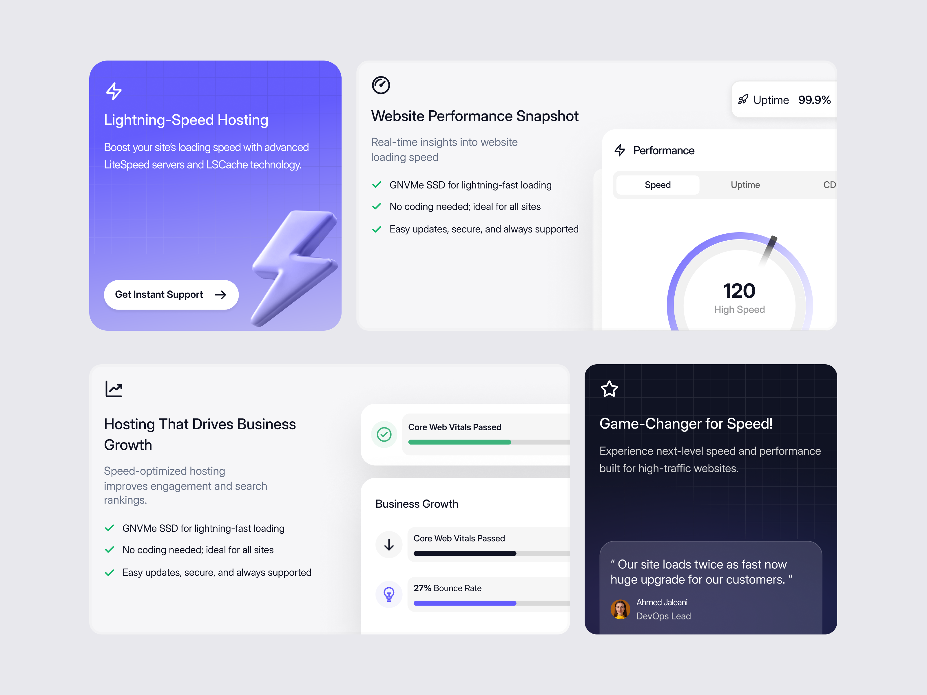 Bento card UI for hosting website analysis cards animation bento cards bento style boost cards branding clean creative footer graphic design header hosting website landing page light logo motion graphics saas website website