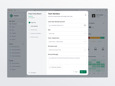 Taskora — Project Setup Wizard UI admin panel data dekstop design management members modern design project management project setup saas task task management time management ui uidesign uiux ux uxdesign web design website